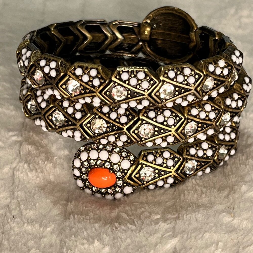 Antique Gold-Tone Snake Wrap Bracelet W/ White & Crystal Beads Orange Stone Acce